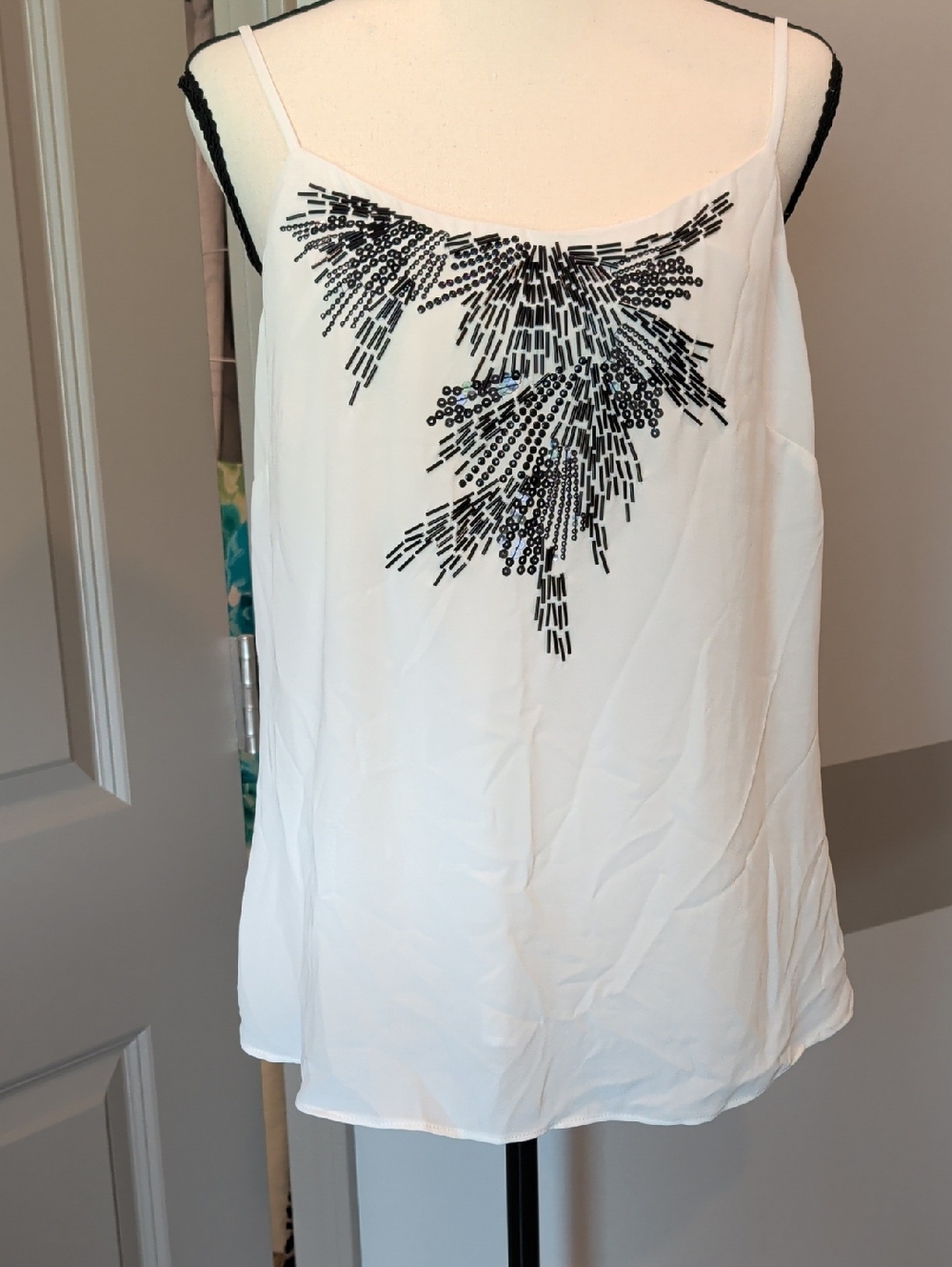 White House Black Market White Spaghetti-Strap Tank with Black Sequin Detail